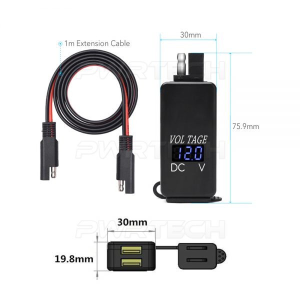 Motorcycle Voltmeter USB Charger Socket SAE to USB Cable Adapter With Cable Tie
